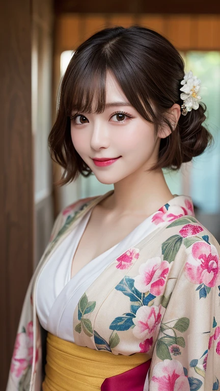 whole body, Highest quality, shape, Very detailed, In detail, High resolution, 8k wallpaper, Perfect dynamic composition, Beautiful details, kimono,Medium Hair, Center of chest, Natural color lip, Random sexy poses,smile,shrine,Flower Hair Ornaments,cute,