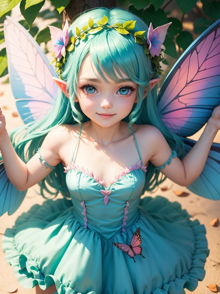 cute little Fairy, blue butterfly, lightgreen hair, pink eyes, dress pointy ears dress made of petals leaves Leaning forward Leaf fairy Flower Flower crown Thin wings Smiling gently Large leaf
