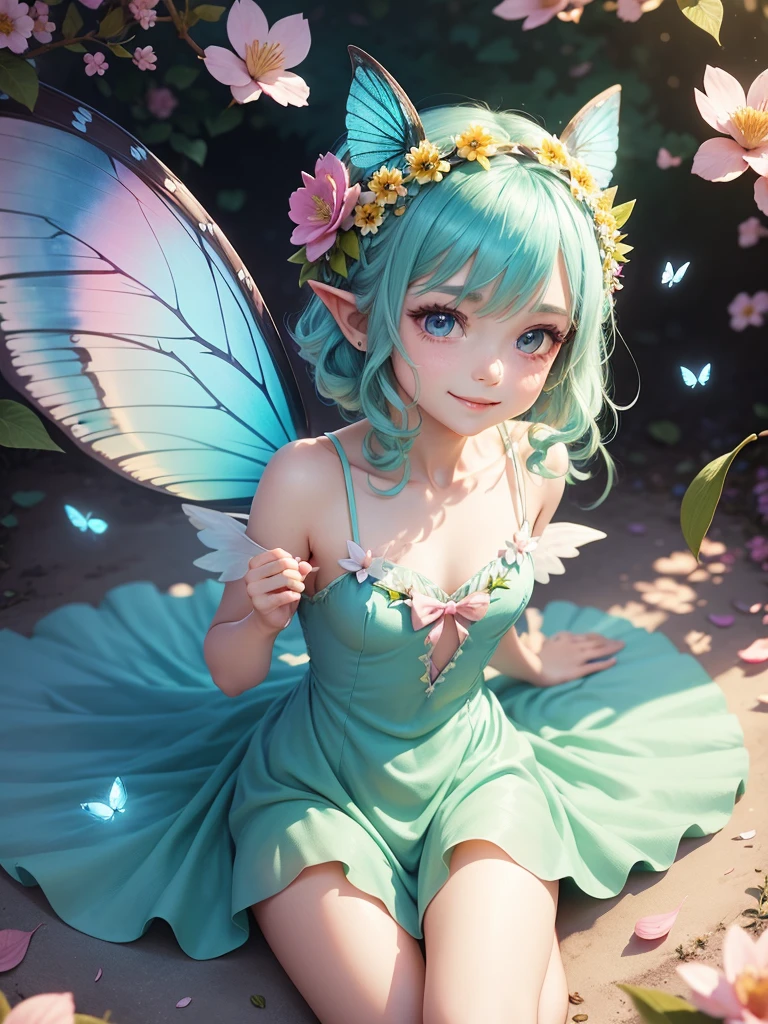 cute  Fairy, blue butterfly, lightgreen hair, pink eyes,  dress pointy ears dress made of petals leaves Leaning forward Leaf fairy Flower Flower crown Thin wings Smiling gently Large leaf