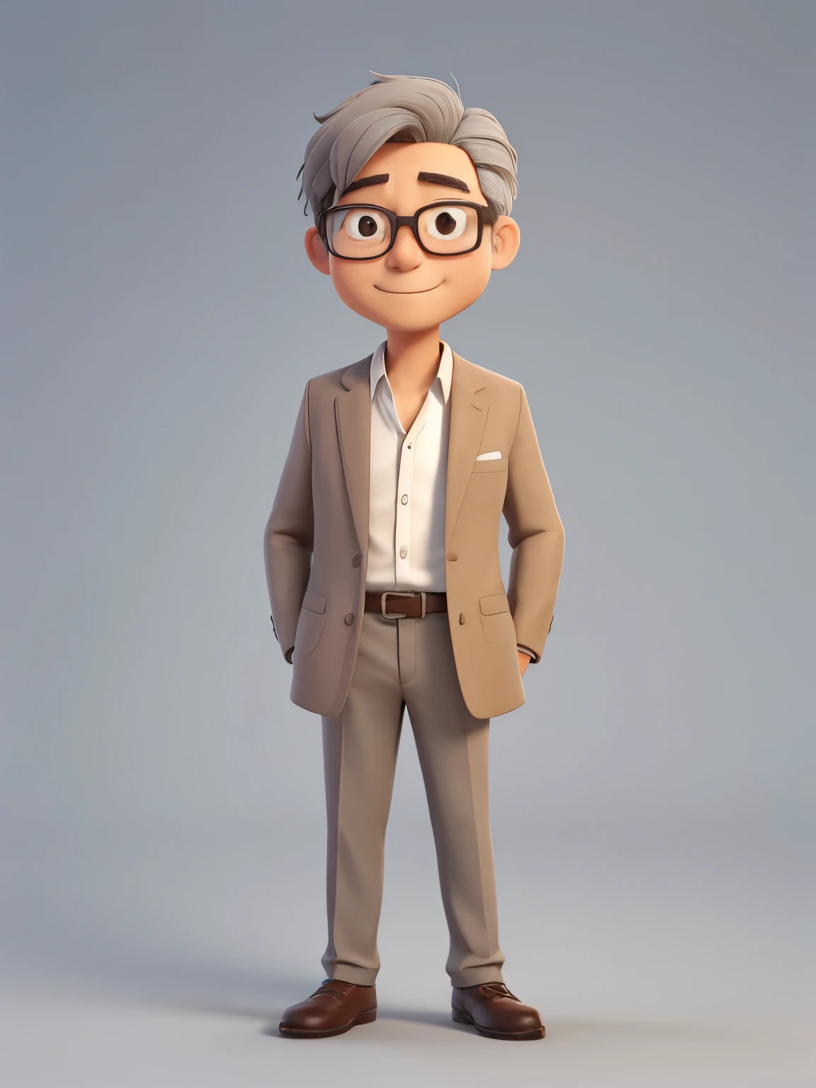 A neat and tidy Japanese man in his 40s, Small, Smooth Skin, A plump, round face, Body facing straight forward towards the camera, Close-up, Thin-framed silver-rimmed glasses, Wearing a brown tweed blazer, He is raising his right hand in greeting, Gray-haired, Surfer-like center-parted mid-length hair, The background is a plain gray gradient