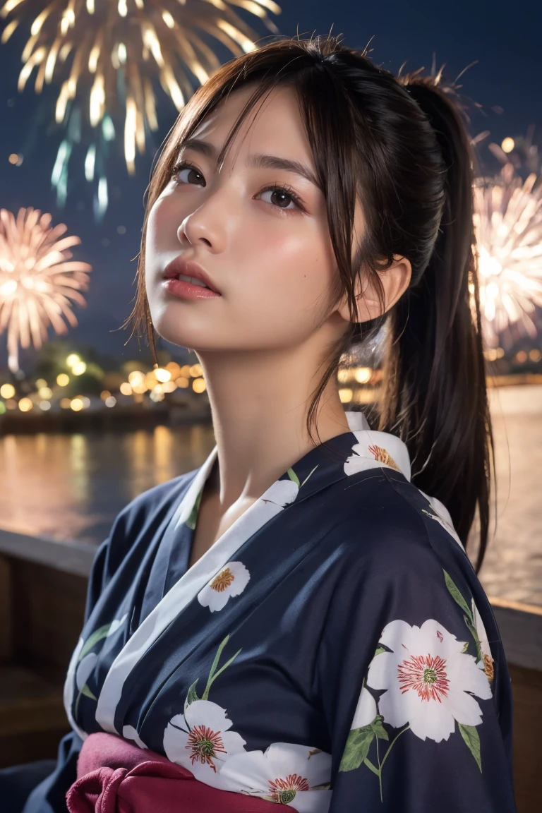 Highest quality, The finer details, (Beautiful One Woman))), Highly detailed eyes and face, firework, yukata, looking up at firework, ponytail, Large tear bags, double eyelid