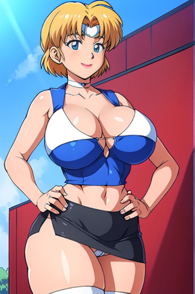 ritsuko, makeup, pink eyeshadow, blonde hair, ritsuko hair, short hair, miniskirt, beautiful, (masterpiece:1.2), (best quality:1.2), perfect eyes, perfect face, perfect lighting, 1girl, cropped legs, curvy, Sailormoon outfit, exposed midriff, white crop top, Chest bow, long gloves, White Thigh-highs, choker, hand on hip, huge breasts, smile, solo, thick thighs, Point of view from below, Can be seen under mini skirt, Exposed panties, showing panties and super tight thong