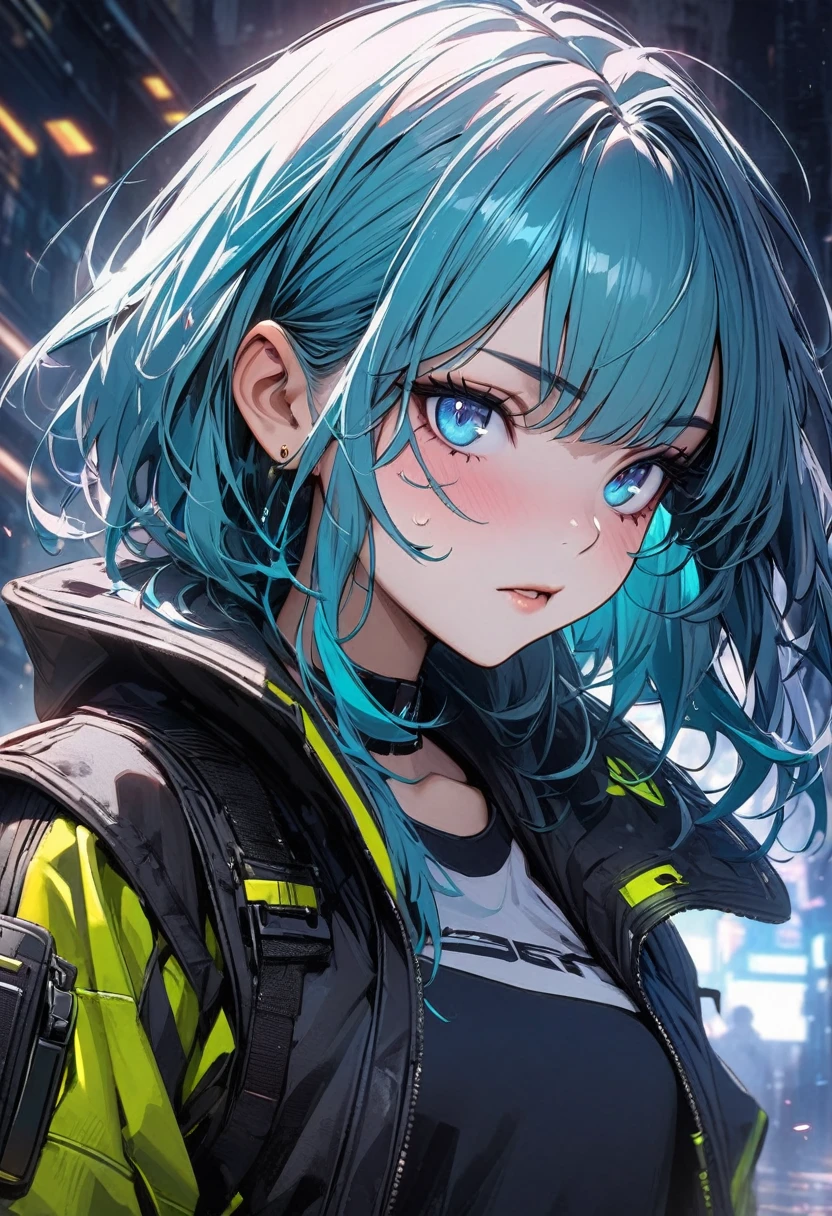Young girl cyan hair cyan eyes cyberpunk hurdle vest high quality masterpiece complete facial details
