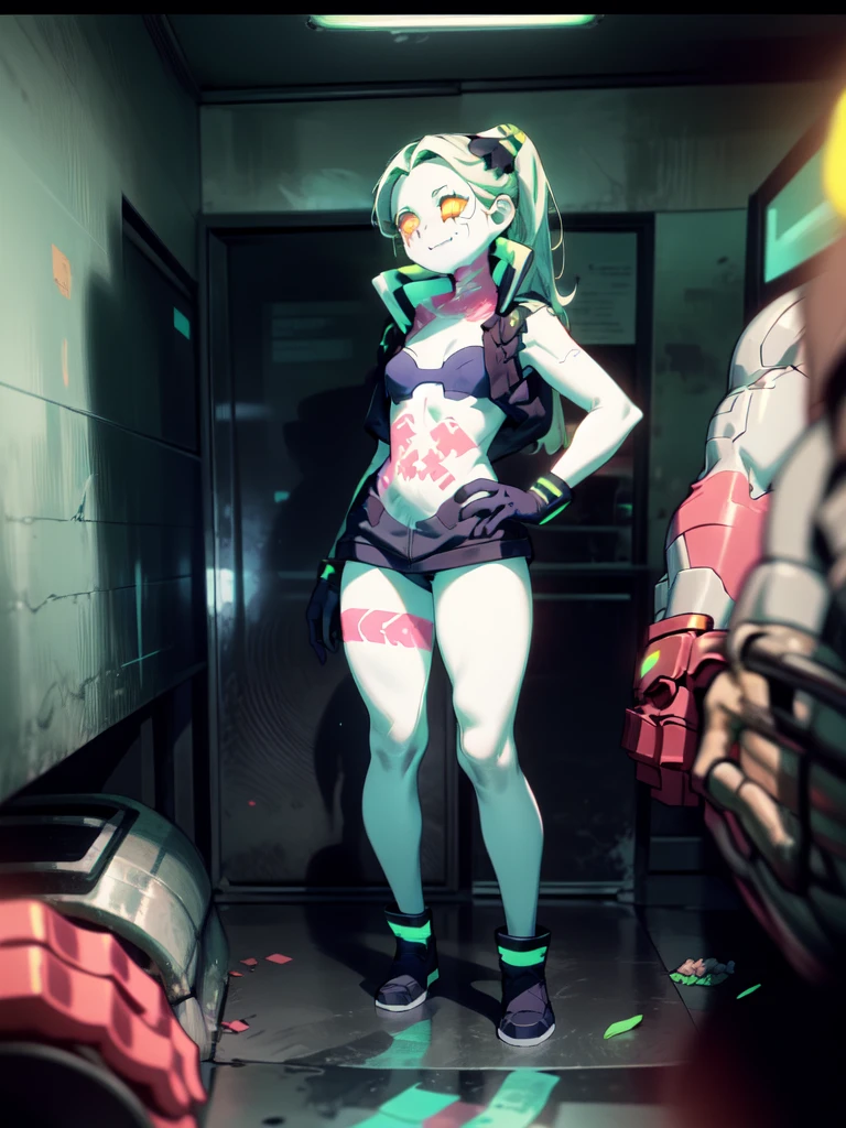 Trash cans and garbage dumps, 1girl, solo, full body, standing,mini bikini,smile,rebecca, yellow eye, mechanical eye, red sclera, leg tattoo, colored skin, tattoo, petite, navel, green hair, neck tattoo, small breasts, long hair, stomach tattoo, cyberpunk,