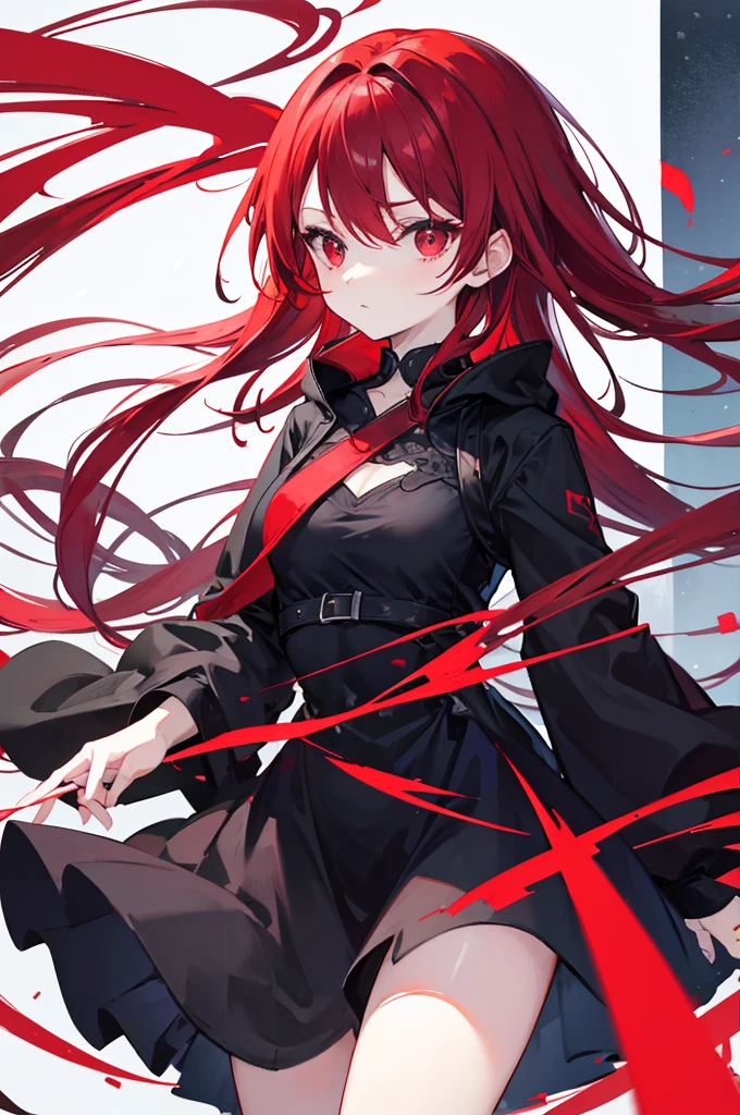 red forehead hair, red eyes, black dress