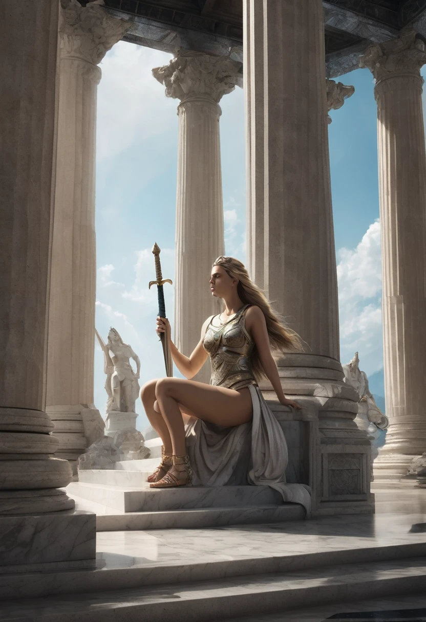 (Masterpiece.uhd) A monumental staircase leads to a temple supported by columns. At the top of the staircase is a ((marble statue)) of a half-naked Viking goddess with a perfect body. She is crouched down, her 2 knees touching the ground, her legs spread wide apart and she is brandishing a sword pointing skywards with both hands.