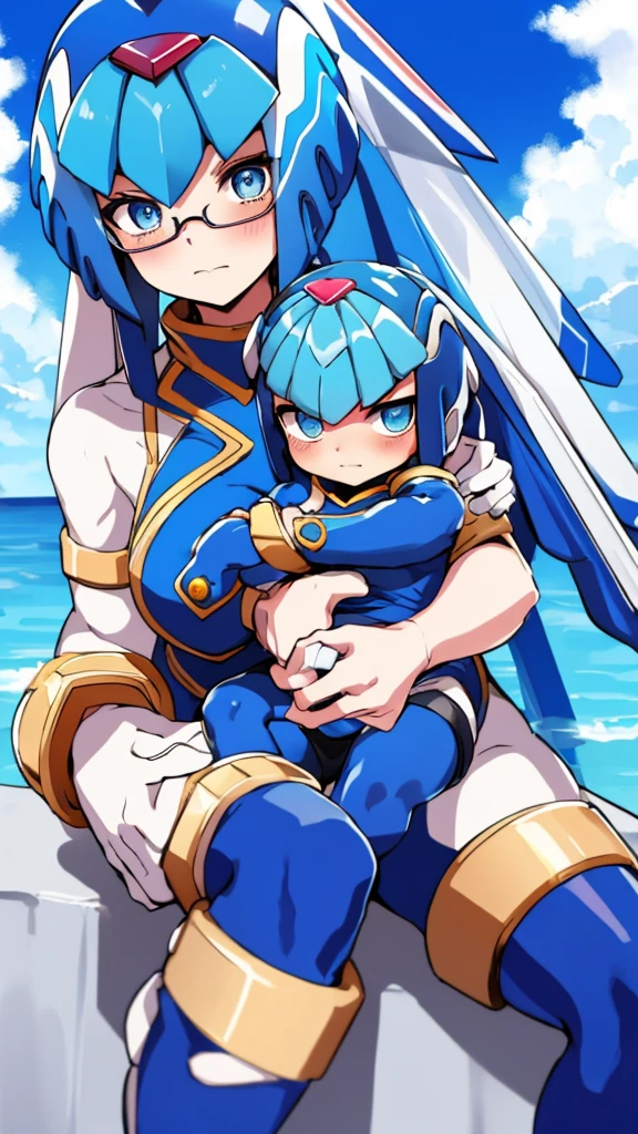 Leviathan_Megamanz, 1 Girl ,Looking at the viewer , blue hair, Blue eyes,Clouds background , Blushed, Wedding ring, Glasses, Holding a baby girl in hands