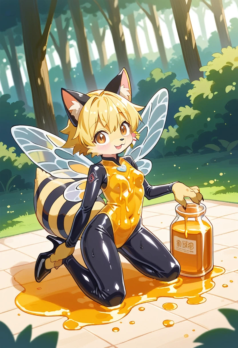 Highest quality, Highest quality, High quality illustrations, masterpiece, Ultra-high resolution, Detailed Background, honeycomb, in the forest, Absurd, Perfect Anatomy, performance, Good lighting, Shadows in the movies(kemono, Furry PersonifiCation), Cat, bee, Honey Skin, Honey Latex, Rubber Suit, Honey Latexスーツ, Honey Lotion, beeスーツ, beeのコスチューム, beeのコスプレ, ゴム製のbeeのしっぽ, beeの羽, Bee wings, Honey Pool, Honey Lotionを浴びている, Covered entirely in honey slime, Kneeling, Tattoo, cyber punk, High heels, Honey Latexマスク, Dynamic Angle