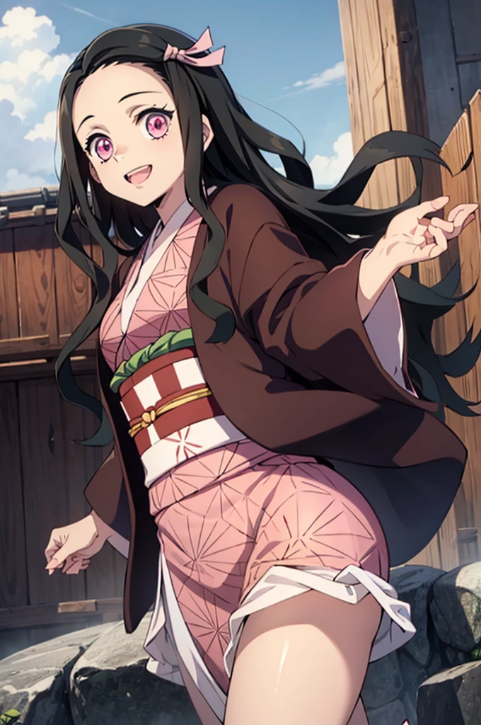 (masterpiece:1.3), (best quality:1.1), (8k, ultra detailed, ultra high res:1.2), ((anime style)), detail perfect 5 fingers, perfect anatomy,
1girl,
Kamado Nezuko,
BREAK long hair, wavy hair, forehead
black hair,
pink eyes,
ribbon,
small breasts,
BREAK japanese clothes, pink kimono, brown haori, obi,
smile, (dynamic pose:1.2), (jumping:1.2),
looking at viewer,
cowboy shot,
BREAK age of Edo, city, village, outdoor,