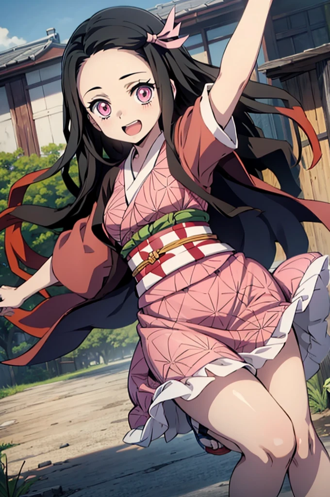 (masterpiece:1.3), (best quality:1.1), (8k, ultra detailed, ultra high res:1.2), ((anime style)), detail perfect 5 fingers, perfect anatomy, 
1girl,
Kamado Nezuko, 
BREAK long hair, wavy hair, forehead
black hair, 
pink eyes, 
ribbon, 
small breasts,  
BREAK japanese clothes, pink kimono, brown haori, obi, 
smile, (dynamic pose:1.2), (jumping:1.2), 
looking at viewer, 
cowboy shot, 
BREAK age of Edo, city, village, outdoor,   