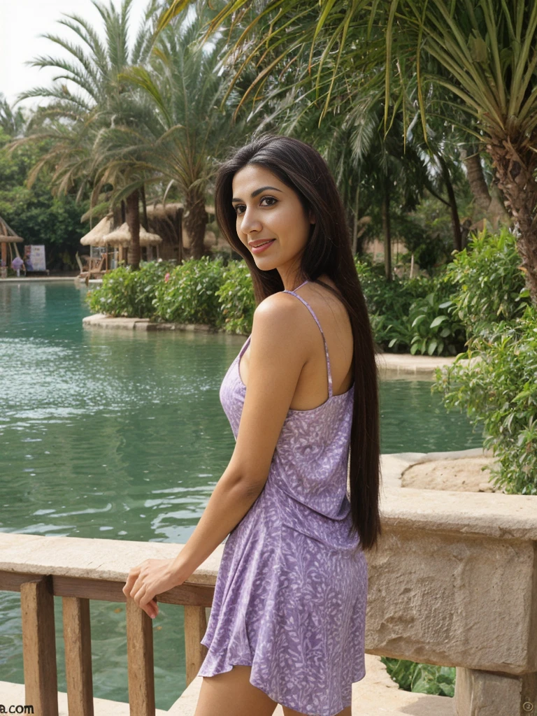 Rania, 1girl, solo, ((Egyptian woman)), consistent face and body, ((MILF)), ((30 years old)), (mature), ((slim)), ((Egyptian face)), (Egyptian nose), (Egyptian lips), ((long straight hair)), upper body and upper legs, (background: Aquaventure Waterpark), BREAK, (wearing light-purple printed spring dress), smirking, teasing
