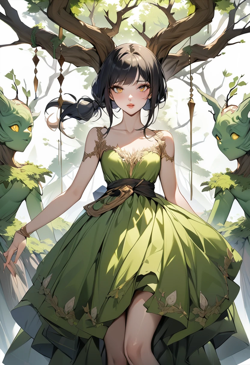 ((RAW Photos)), ((masterpiece)), (Tree Spirit,young woman in a dress,One person:1.3), (Figure up to the waist:1.2),Intricate details, View your viewers, beautiful, Fine eyes and lips,White background,Fantasy,Perfect Face, (1 girl,White background:1.3),Big shiny clear golden eyes,Long black hair tied up,Fantasy,beautiful表情,Detailed facial expressions,Bust Emphasis