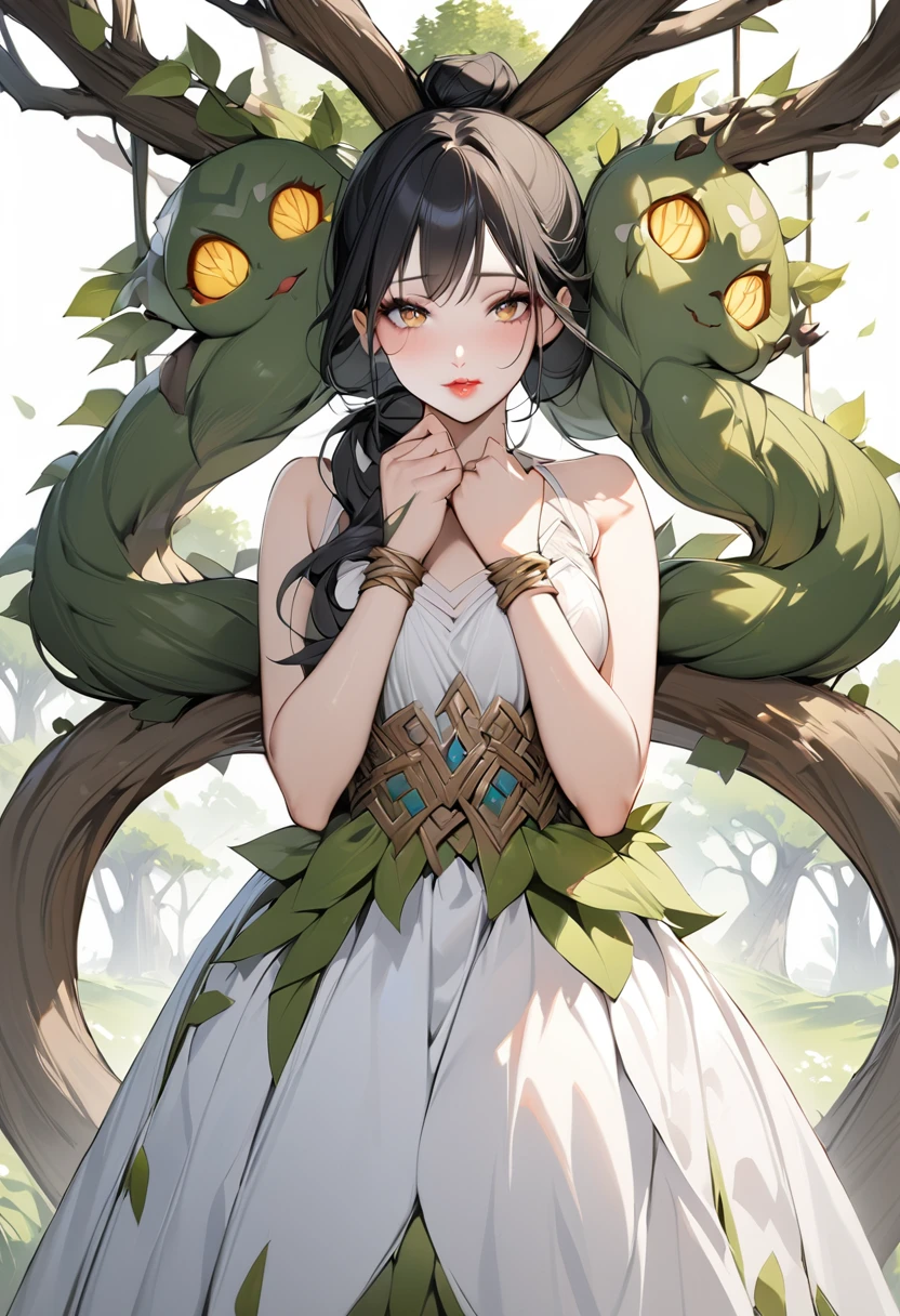 ((RAW Photos)), ((masterpiece)), (Tree Spirit,young woman in a dress,One person:1.3), (Figure up to the waist:1.2),Intricate details, View your viewers, beautiful, Fine eyes and lips,White background,Fantasy,Perfect Face, (1 girl,White background:1.3),Big shiny clear golden eyes,Long black hair tied up,Fantasy,beautiful表情,Detailed facial expressions,Bust Emphasis