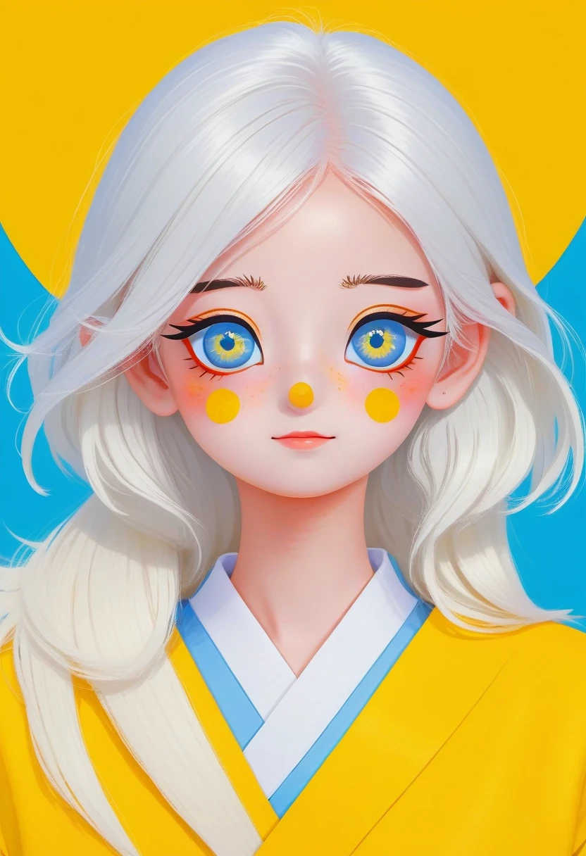 1 Girl，White hair，Colored contact lenses, Colored eyelashes，Lovely,Solid color background，blue and yellow，Artistic sense，Minimalist Art，Vector illustration，Flat illustration，Japanese cartoons