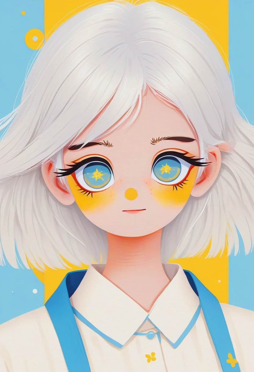 1 Girl,White hair,Colored contact lenses, Colored eyelashes,Lovely,Solid color background,blue and yellow,Artistic sense,Minimalist Art,Vector illustration,Flat illustration,Japanese cartoons
