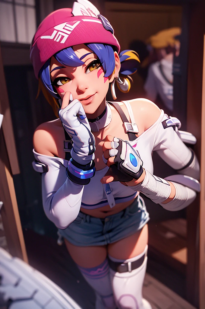 Sexy pose, posing,  ((masterpiece, best quality)), 1girl, solo, Kiriko LeSserafim, upper body, short hair, brown eyes, multicolored hair, blue hair, yellow highlights, bangs, pink headwear, hair between eyes, (white off-shoulder shirt:1.5), ((gloves:1.5)), pointing to her face, fingerless gloves, hoop earrings, (white shirt:1.5), headphones around neck, thighhigh, white gloves, lace-up boots, boots, gloves, jacket around waist, thighhighs, breasts, headphones, standing, jewelry, bracelet, midriff, white crop top, cross-laced footwear single kneehigh, smile, earrings, jewelry, hat, looking at viewer, makeup, facepaint, facial mark, detached sleeves, lips, indoors, japanese house, hands on her face, portrait,  