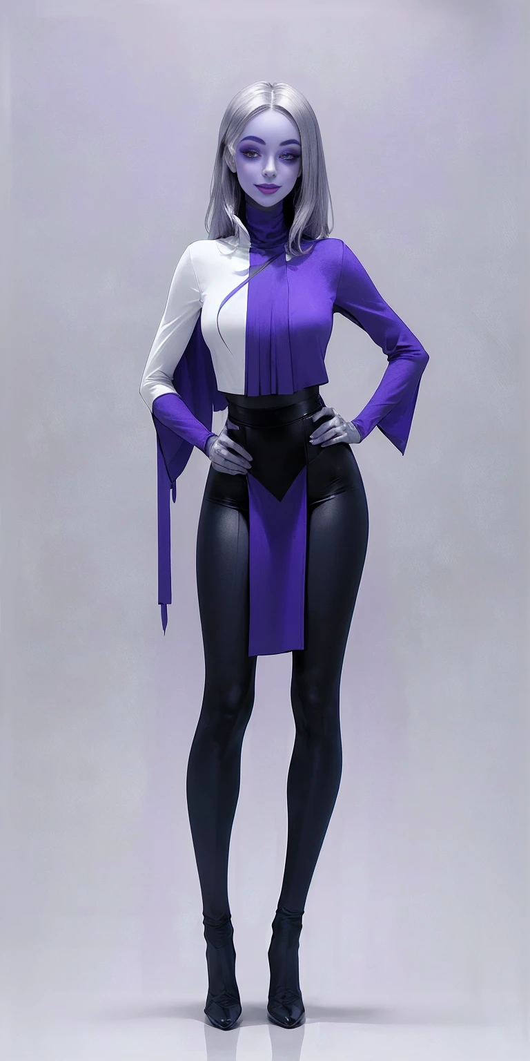 (1solofemale full body standing straight symmetrical, hands on hips) (smile purple makeup) grayscale skin, pale hair and violet eyes. She prefer clothing of white and silver with cloaks of deep blue or purple, blue or purple background (Masterpiece, highres, 4k, very precise detailed)