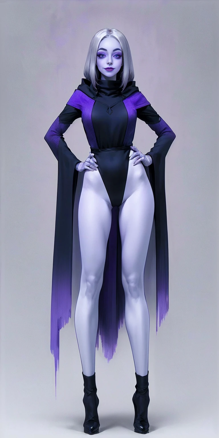 (1solofemale full body with knockers covered standing straight symmetrical, hands on hips) (smile purple makeup) grayscale skin, pale golden hair and violet eyes. She prefer clothing of white and silver with cloaks of deep blue or purple, blue or purple background (Masterpiece, highres, 4k, very precise detailed)