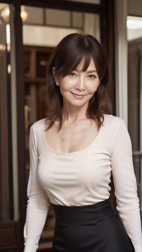 ((Highest quality)), ((8k)), ((masterpiece:1.3)), (Perfect look), (Photorealism:1.6), (JMA), (KE), (1人の歩くJapanese Mature), (Woman window shopping), Blurred Background, Japanese Mature, 62 years old, ((Realistic skin texture)), (Fine wrinkles appear all over the skin:1.3), (Dullness:1.1), (Unmoisturized skin:1.2), (Facial wrinkles:0.9), (Wrinkles around the eyes:1.2), double eyelid, Lower eyelid tear trough, Those eyes are watching me, Serious expression, (Dimples on cheeks:1.2), (Short bangs:1.2), long hair with curled ends, (Hair above the ears), Laugh with the corners of your mouth turned up, Soft fabric blouse, (Wide neck blouse: 1.4), Wide sleeves, Cuffs that fit snugly around the wrist, Long skirt, Hair blowing in the wind, Small breasts, (Wine Red Lips), (Red High Heels:1.2), (Standing posture, Full body portrait:1.4), (Angle from the feet:1.4),
