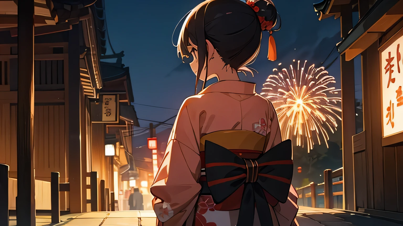 summer night, japan street, kimono, japanese girl, back view, fireworks