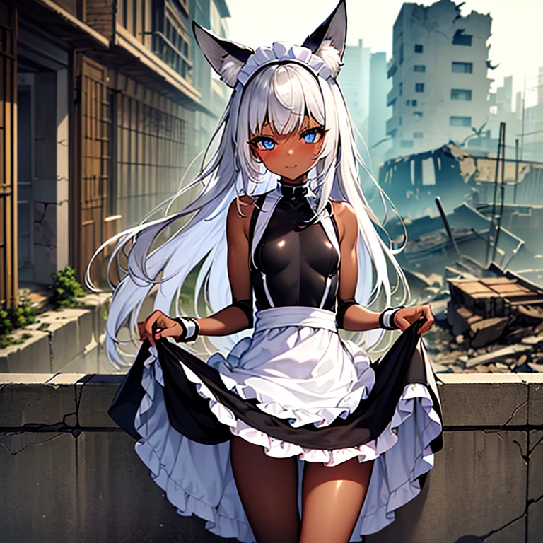 (Fox Girl, Fox Ears, Silver Hair, Fox Makeup, One Girl, Long Hair, Alone on the screen, dark skin, High definition, high resolution:1.6), (maid apron, Black and white clothes, skirt, Mechanical suit for legs:1.8), (Body measurements are 75-60-75!, Young girl body, Small breasts, skirt hold, slender, muscle:1.9), Avatar, face, 色っぽいface, Dominant representation, naughty face, Uplifting, Skin Texture, outside, ruins, Ruined City, Broken Building, There are no people