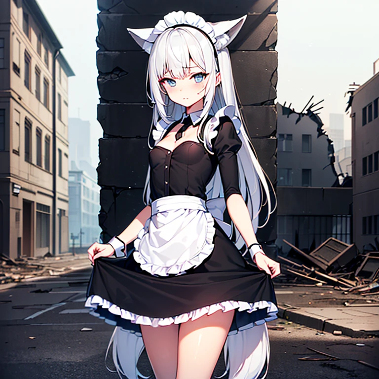 (Fox Girl, Fox Ears, Silver Hair, Fox Makeup, One Girl, Long Hair, Alone on the screen, dark skin, High definition, high resolution:1.6), (maid apron, Black and white clothes, skirt, Mechanical suit for legs:1.8), (Body measurements are 75-60-75!, Young girl body, Small breasts, skirt hold, slender, muscle:1.9), Avatar, face, 色っぽいface, Dominant representation, naughty face, Uplifting, Skin Texture, outside, ruins, Ruined City, Broken Building, There are no people