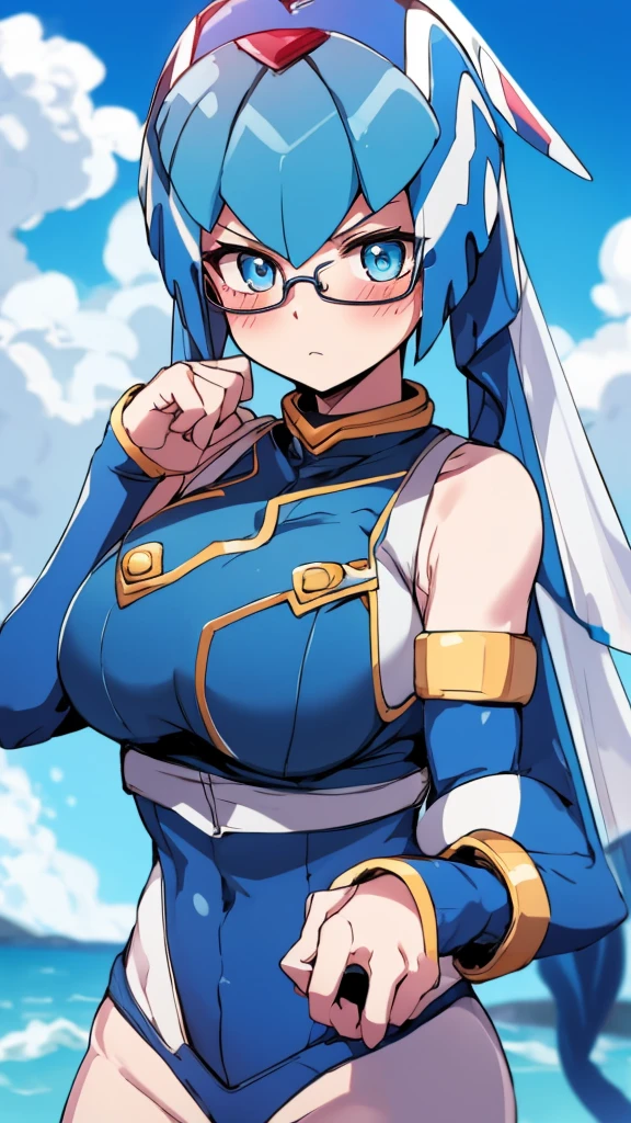 Leviathan_Megamanz, 1 Girl ,Looking at the viewer , blue hair, Blue eyes,Clouds background , Blushed, Wedding ring, Glasses, Holding a baby girl in hands