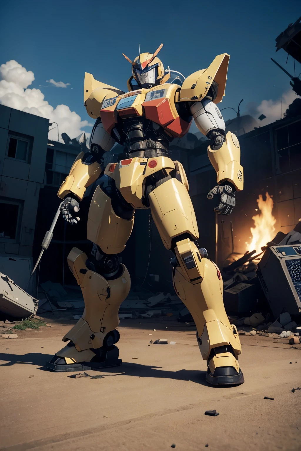 A robot made from a video game console, every part of its body and a video game megadrive supernintendo neo geo nintendo64 nintendinho playstation game boy on a destroyed planet in.one might as well.strong he is like a megazord