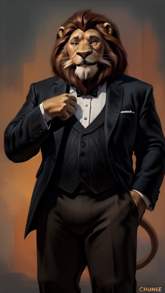 by chunie by catsudon by retros, male,ridiculuous,((Mature male)),((Bearded)),((Mustache)), felid, solo, ((Lion,tail)),(dark brown hair), facial hair, facing viewer, ((Highly detailed face)), (((Grandpa Figure))), ((smilling)), red and orange abstract background, ((Tuxedo)),((long pants)), smile, ((((wise)))),((DILF)),