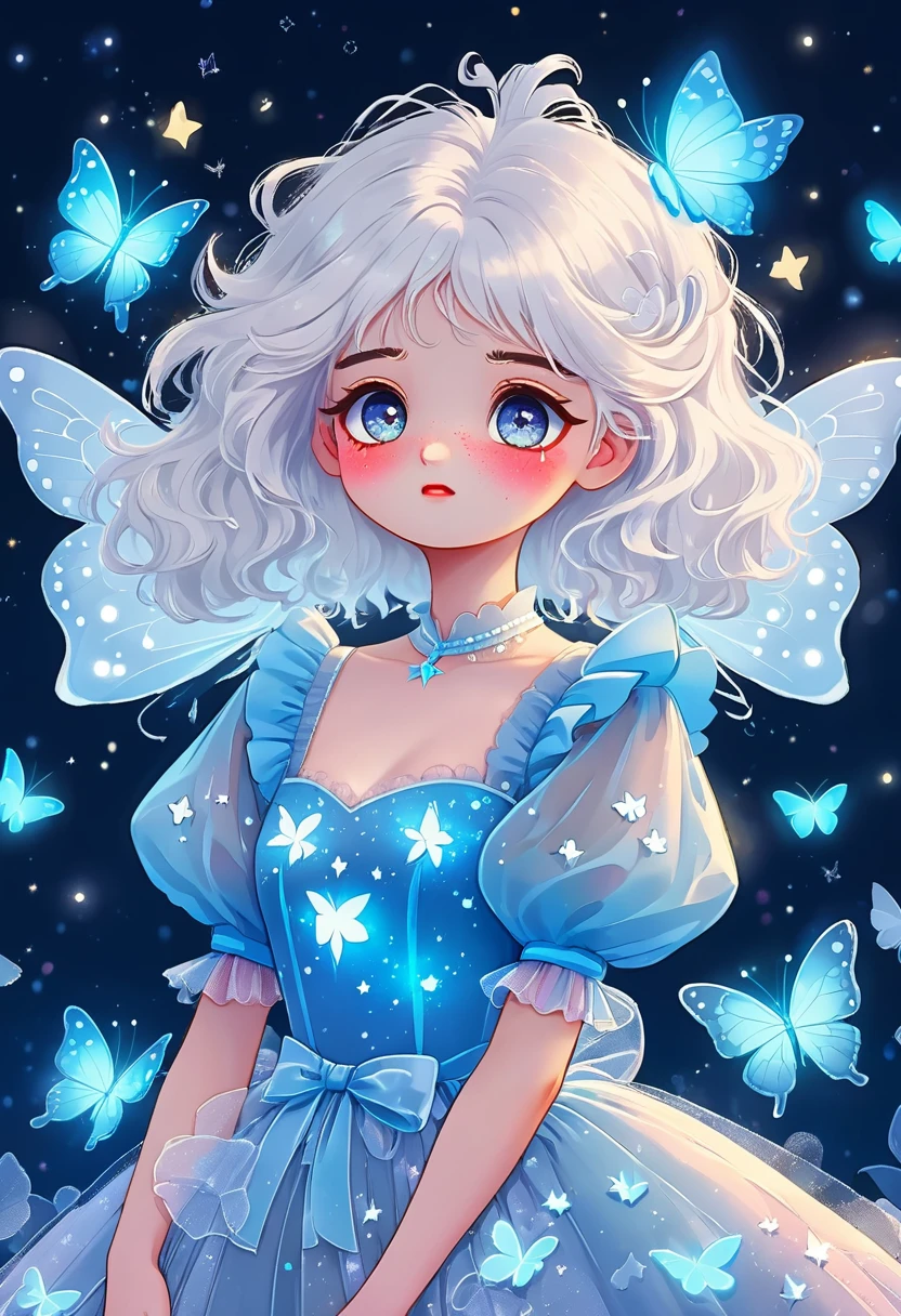 Broken heart cartoon illustration，Japanese Anime，Cartoon Girl Portrait，Starry Eyes，White fluffy hair，Puff Sleeve Princess Tulle Dress-Tulle，Butterflies in the sky，Luminescence，blue，Phosphor，Dark solid background