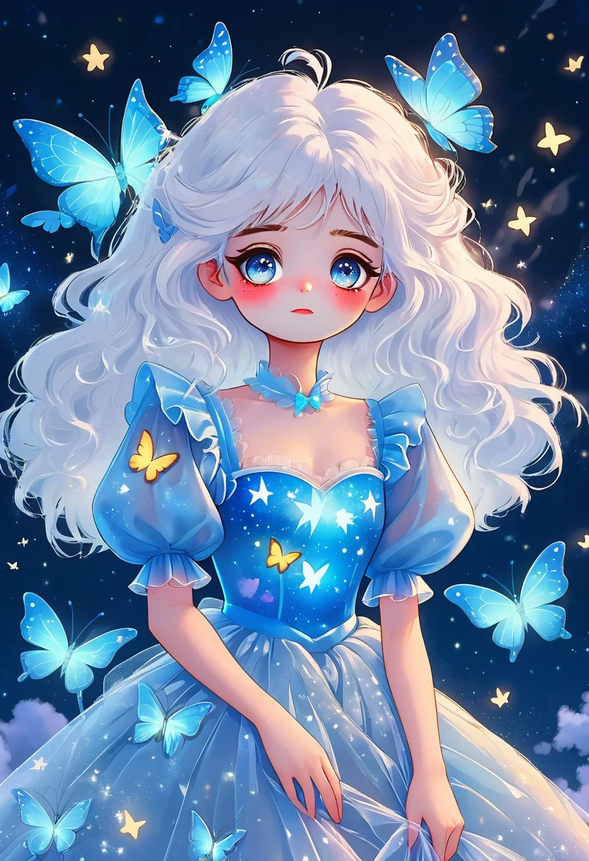 Broken heart cartoon illustration，Japanese Anime，Cartoon Girl Portrait，Starry Eyes，White fluffy hair，Puff Sleeve Princess Tulle Dress-Tulle，Butterflies in the sky，Luminescence，blue，Phosphor，Dark solid background