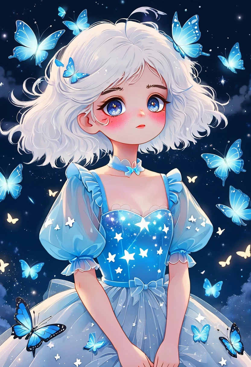 Broken heart cartoon illustration，Japanese Anime，Cartoon Girl Portrait，Starry Eyes，White fluffy hair，Puff Sleeve Princess Tulle Dress-Tulle，Butterflies in the sky，Luminescence，blue，Phosphor，Dark solid background