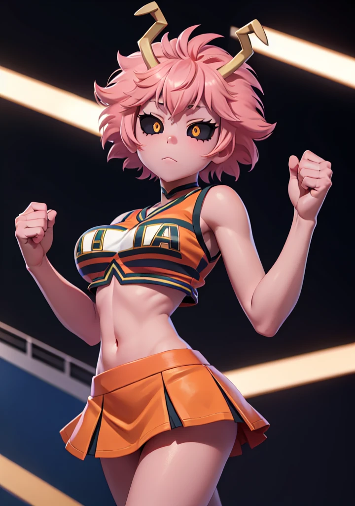 mina ashido, 1girl, solo, looking at viewer, short hair, simple background, yellow eyes, pink hair, horns, colored skin, colored sclera, black sclera, pink skin, U.A. CheerUniform, orange skirt, cheerleader, ((bare belly)), perfect shading, bare shoulders, big breasts