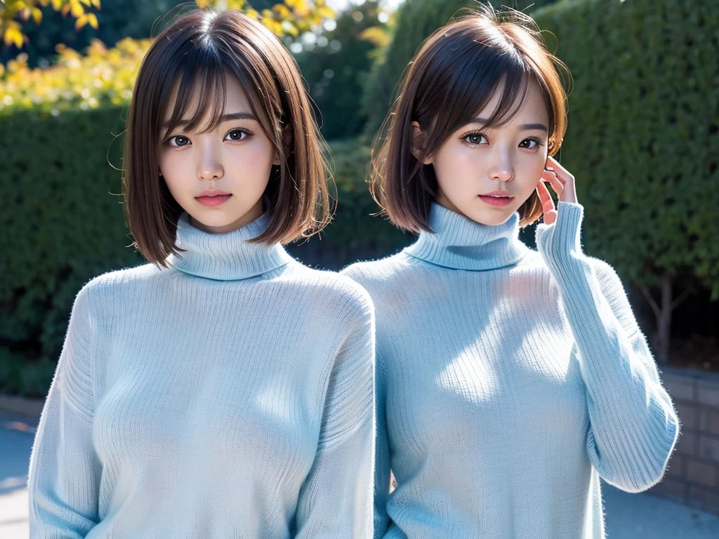 (((masterpiece, best quality,ultra-detailed,8k,high resolution))), (upper body),24 years old ,Japanese girl, 1girl, short hair,(Cover nose with a turtleneck sweater:1.7),grabbing turtleneck collar