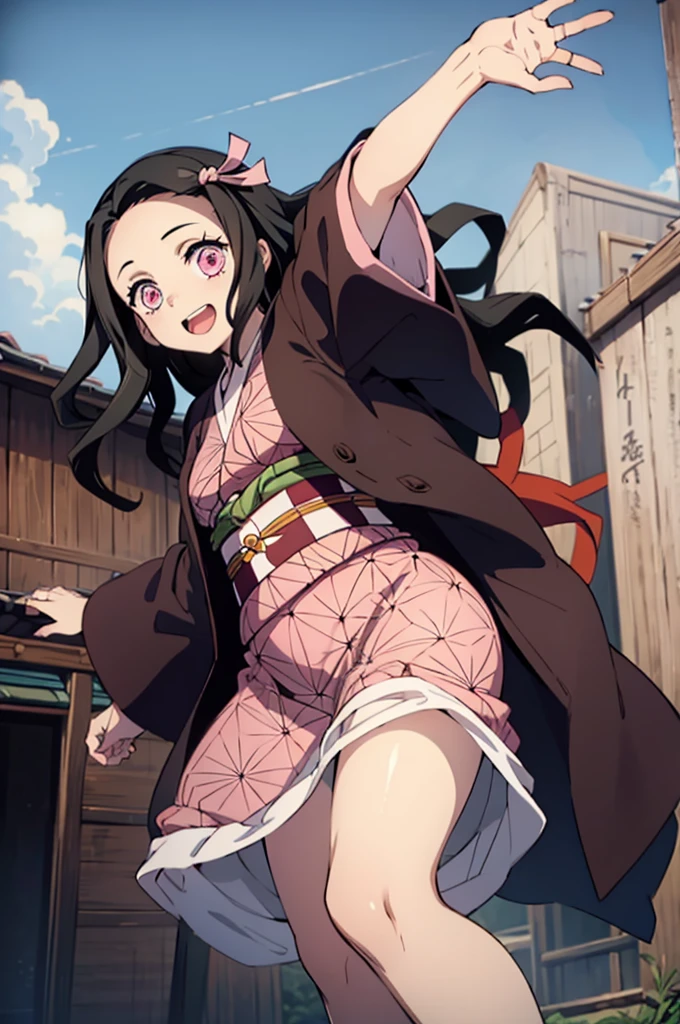 (masterpiece:1.3), (best quality:1.1), (8k, ultra detailed, ultra high res:1.2), ((anime style)), detail perfect 5 fingers, perfect anatomy, 
1girl,
Kamado Nezuko, 
BREAK long hair, wavy hair, forehead
black hair, 
pink eyes, 
ribbon, 
small breasts,  
BREAK japanese clothes, pink kimono, brown haori, obi, 
smile, (dynamic pose:1.2), (jumping:1.2), 
looking at viewer, 
cowboy shot, 
BREAK age of Edo, city, village, outdoor,   