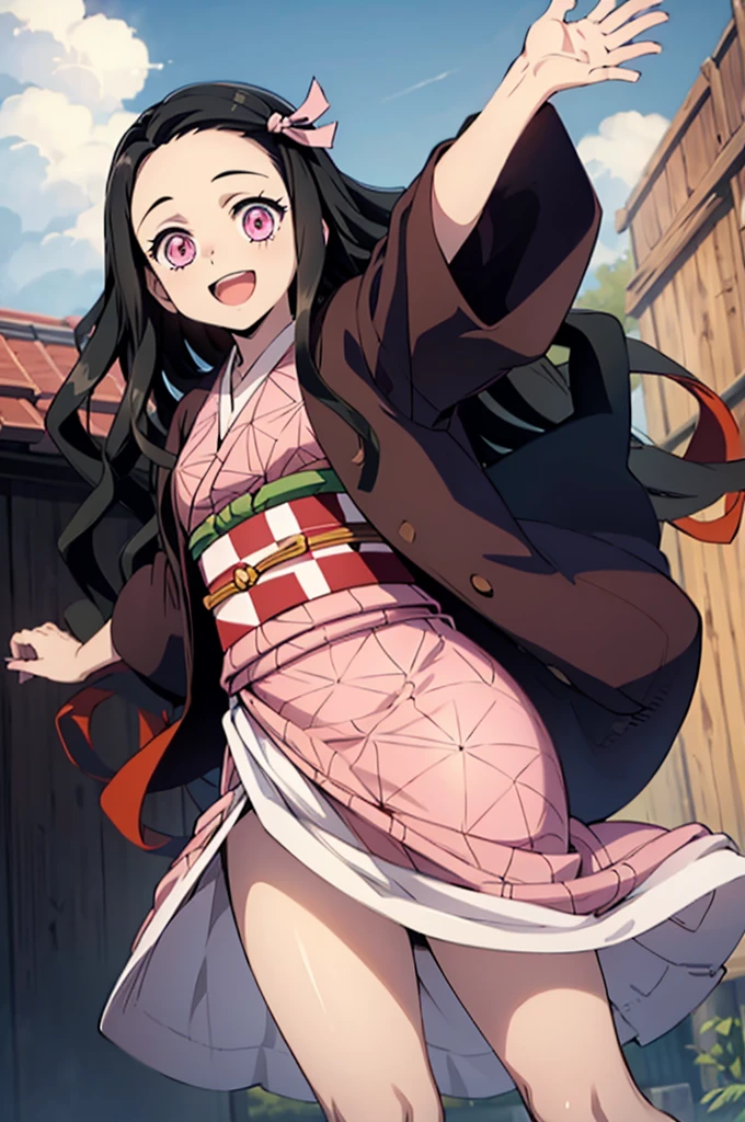 (masterpiece:1.3), (best quality:1.1), (8k, ultra detailed, ultra high res:1.2), ((anime style)), detail perfect 5 fingers, perfect anatomy, 
1girl,
Kamado Nezuko, 
BREAK long hair, wavy hair, forehead
black hair, 
pink eyes, 
ribbon, 
small breasts,  
BREAK japanese clothes, pink kimono, brown haori, obi, 
smile, (dynamic pose:1.2), (jumping:1.2), 
looking at viewer, 
cowboy shot, 
BREAK age of Edo, city, village, outdoor,   