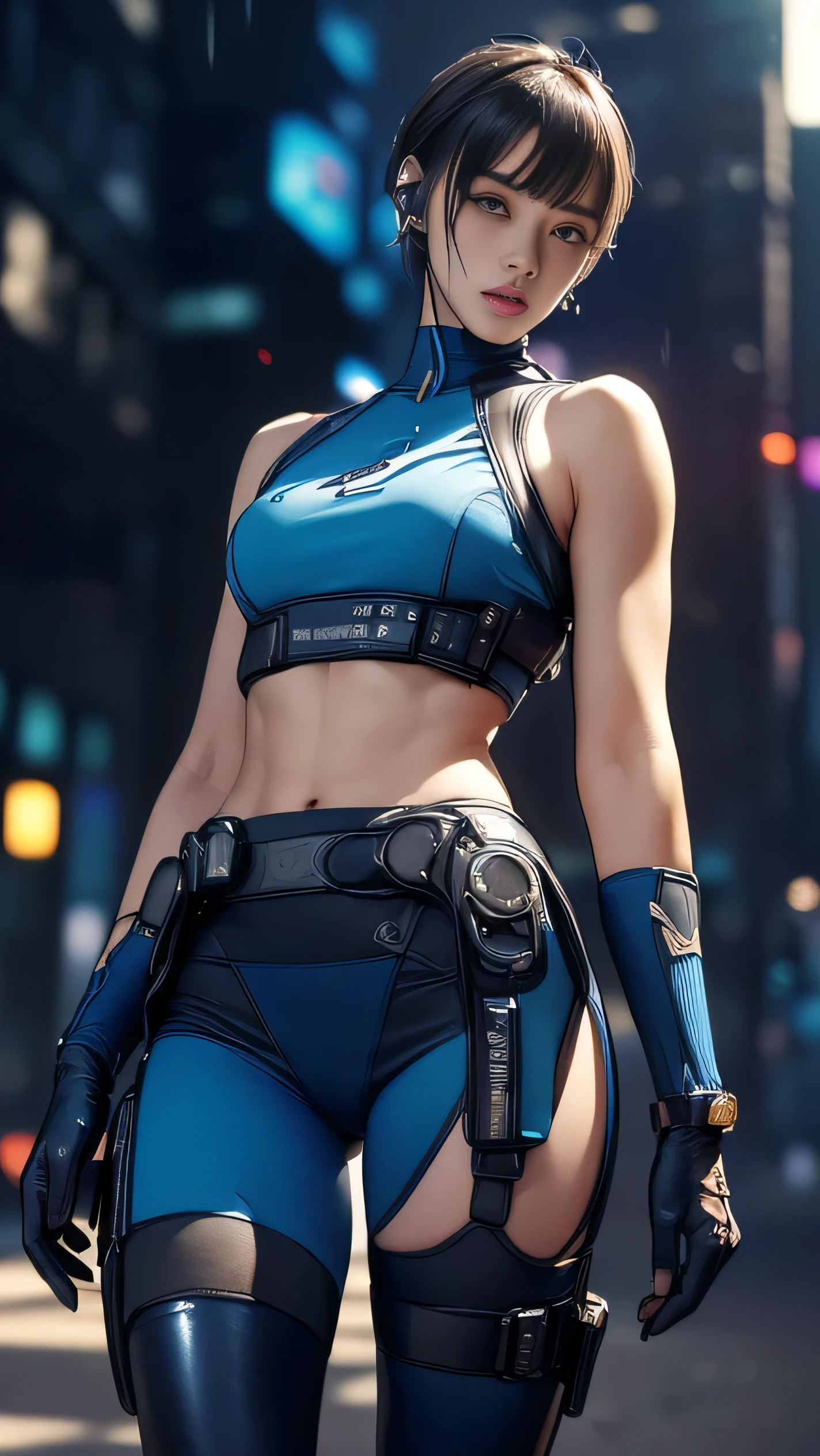 (A woman),(((A female member of the Future Force stands))),((Shiny dark blue tactical tights:1.5)),((earphone:1.5)),((Tactical Holster:1.5)),(Gloves:1.5),(Serious:1.5),(Super short hair:1.5),(beautiful eyes:1.3),(Very detailedな顔:1.5),((Very detailed drawing of a female hand:1.5)),(((muscular:1.5))),((Sexy appearance:1.5)),((Thick thighs:1.5)),(Beautiful Body:1.5),((Very sensual:1.5)),(The backdrop is a futuristic city:1.5),(Cyberpunk atmosphere:1.5),(((Blurred Background:1.5))),(Written border depth:1.5),rest(((masterpiece:1.5),(best quality:1.5),(Very detailed:1.5),(high resolution:1.5),(Practical:1.5),(Practical:1.5),(Delicate depiction),(Carefully drawn))),8k,wallpaper