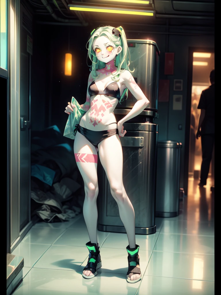 Trash cans and garbage dumps, 1girl, solo, full body, standing,mini bikini,smile,rebecca, yellow eye, mechanical eye, red sclera, leg tattoo, colored skin, tattoo, petite, navel, green hair, neck tattoo, small breasts, long hair, stomach tattoo, cyberpunk,