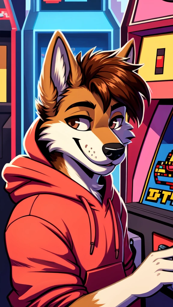 Retro arcade style anthropomorphic, wolf, fur, furry, male, detailed tail, detailed fur, detailed face, perfect face, perfectly rendered face, correct eyes, brown eyes, brown hair, brown fur, hairstyles, detailed muzzle, detailed mouth, detailed fur, five fingers, proper hands, proper shading, proper lighting, detailed, detailed background, detailed foreground, solo focus, detailed character(s), high quality, (high res), hoodie, headshot, portrait, smile, closed eyes, closed eyed smile . 8-bit, pixelated, vibrant, classic video game, old school gaming, reminiscent of 80s and 90s arcade games