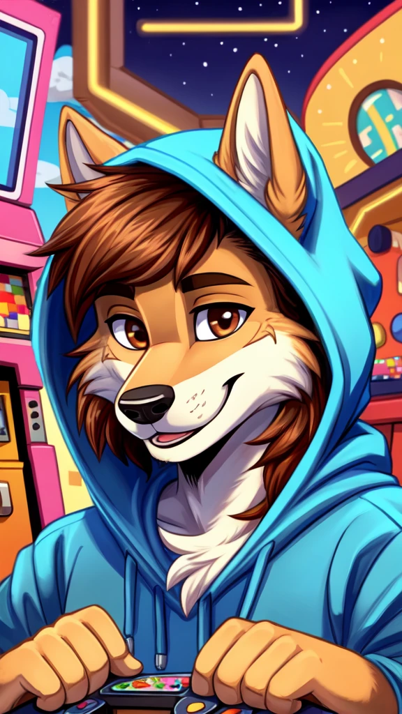 Retro arcade style anthropomorphic, wolf, fur, furry, male, detailed tail, detailed fur, detailed face, perfect face, perfectly rendered face, correct eyes, brown eyes, brown hair, brown fur, hairstyles, detailed muzzle, detailed mouth, detailed fur, five fingers, proper hands, proper shading, proper lighting, detailed, detailed background, detailed foreground, solo focus, detailed character(s), high quality, (high res), hoodie, headshot, portrait, smile, closed eyes, closed eyed smile . 8-bit, pixelated, vibrant, classic video game, old school gaming, reminiscent of 80s and 90s arcade games