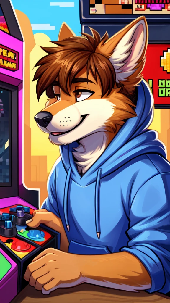 Retro arcade style anthropomorphic, wolf, fur, furry, male, detailed tail, detailed fur, detailed face, perfect face, perfectly rendered face, correct eyes, brown eyes, brown hair, brown fur, hairstyles, detailed muzzle, detailed mouth, detailed fur, five fingers, proper hands, proper shading, proper lighting, detailed, detailed background, detailed foreground, solo focus, detailed character(s), high quality, (high res), hoodie, headshot, portrait, smile, closed eyes, closed eyed smile . 8-bit, pixelated, vibrant, classic video game, old school gaming, reminiscent of 80s and 90s arcade games