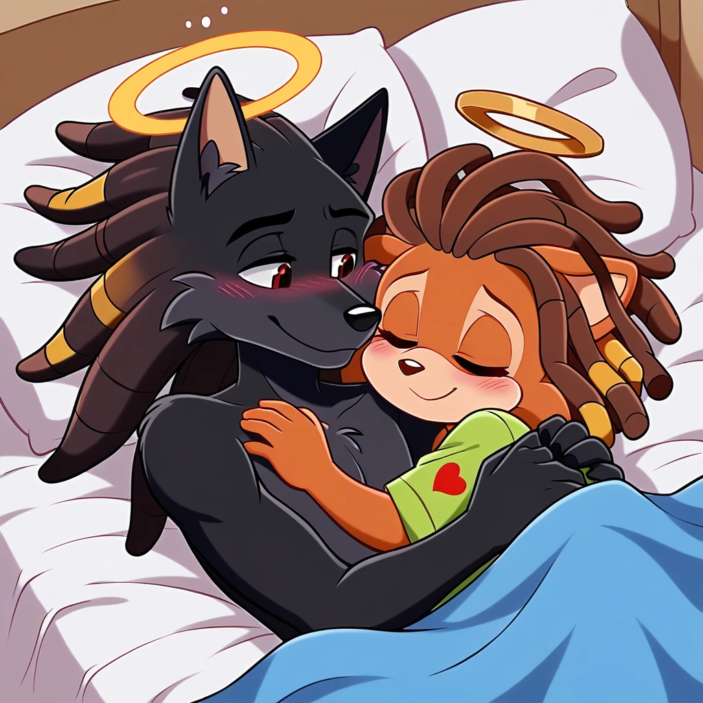 score_9, score_8_up, mobian, female,  hedgehog, two-tone fur ((orange fur, brown fur)), pyjamas, two-tone hair (brown hair, black tip)), curly hair, halo, red eyes, longeyelashes, red eyes, smile, shy, blush, laying in bed, sleeping, hearts, under blankets, smile, mouth closed, closed eyes,  female/male, mobian, anthro wolf, wolf tail, (((black body fur)))+++, (dreadlocks), brown eyes, Wearing Pajamas, cute, closed eyes,  laying in bed,  hearts