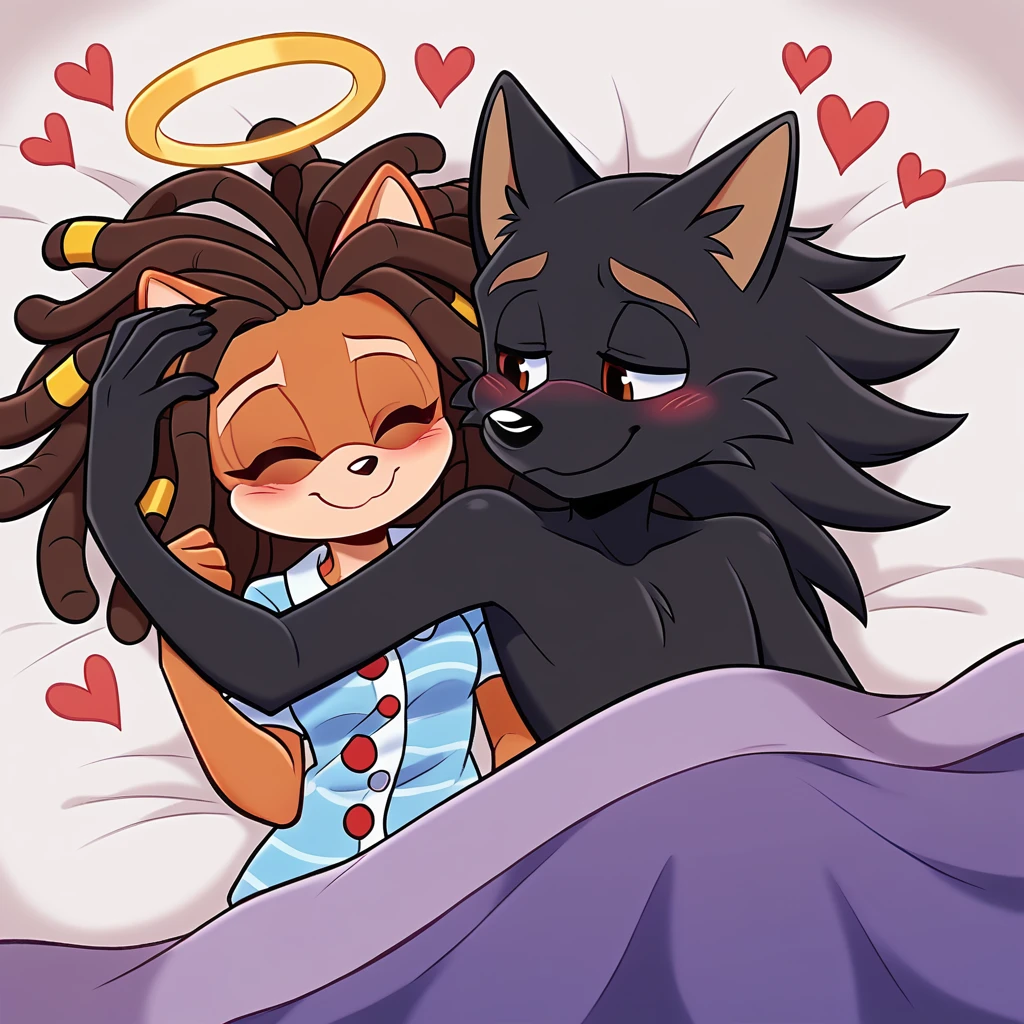 score_9, score_8_up, mobian, female, hedgehog, two-tone fur ((orange fur, brown fur)), pyjamas, two-tone hair (brown hair, black tip)), curly hair, halo, red eyes, longeyelashes, red eyes, smile, shy, blush, laying in bed, sleeping, hearts, under blankets, smile, mouth closed, closed eyes, female/male, mobian, anthro wolf, wolf tail, (((black body fur)))+++, (dreadlocks), brown eyes, Wearing Pajamas, cute, closed eyes, laying in bed, hearts