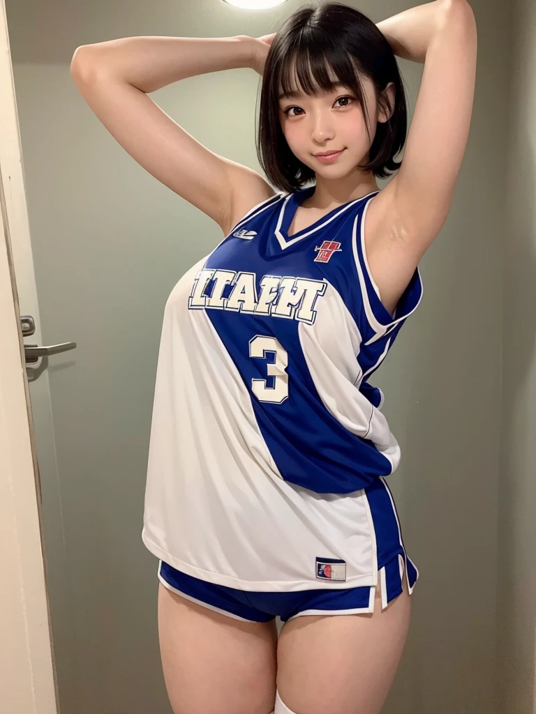 What a Japanese girl born in 2003 will look like in 2024。Armpit sweat。Landmine makeup。Heavy makeup。eye make up。Droopy eyes。Young face。Chubby。Provocative smile。Plump young girl。Young thighs。Basketball uniform。Large Breasts。