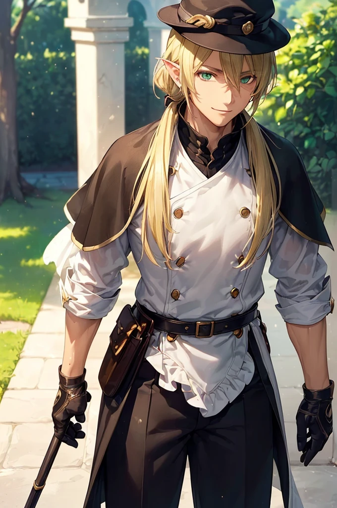 (((masterpiece; best quality: 1.2))), (finely detailed eyes: 1.3), (25 year old elf man), (solo), (green eyes: 1.4), (body; toned, fit, masculine: 1.3), (silky blonde hair in low ponytail: 1.3), (beautiful and clear background: 1.2), ((depth of field)), (equipment: adventurer garb + modest + elegant slim fedora + dark overcoat + dark long cape + black pants + gloves + belt + pouches: 1.3), (anime illustration: 1.2), (background composition; royal garden: 1.1), (extremely fine and handsome: 1.1), (shot composition; standing + centered on torso + close-up: 1.5), (expression; calm, smile: 1.2)