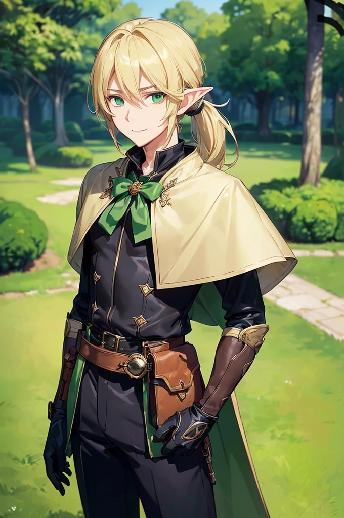 (((masterpiece; best quality: 1.2))), (finely detailed eyes: 1.3), (25 year old elf man), (solo), (green eyes: 1.4), (body; toned, fit, masculine: 1.3), (silky blonde hair in low ponytail: 1.3), (beautiful and clear background: 1.2), ((depth of field)), (equipment: adventurer garb + modest + elegant slim fedora + dark overcoat + dark long cape + black pants + gloves + belt + pouches: 1.3), (anime illustration: 1.2), (background composition; royal garden: 1.1), (extremely fine and handsome: 1.1), (shot composition; standing + centered on torso + close-up: 1.5), (expression; calm, smile: 1.2)
