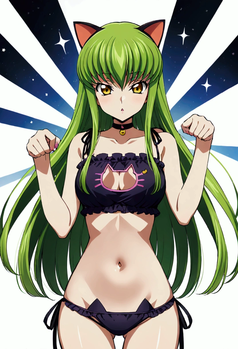 score_9, score_8_up, score_7_up,best quality,masterpiece,aesthetic,very aesthetic,anime style,pop art、soro,1girl, c.c., code geass,green hair, long hair,medium breasts:1.2, yellow eyes,(cat lingerie:1.3) ,cat cutout,cat lingerie bottom,navel,cowboyshot,,,straight-on,canted angle, paw pose,  simplebackground,(whitebackground)