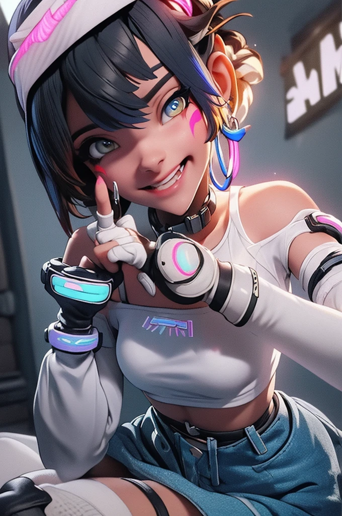 Perfect image, high detailed,  (((Glowing neon eyes))), ((masterpiece, best quality)), 1girl, solo, Kiriko LeSserafim, upper body, short hair, brown eyes, multicolored hair, blue hair, yellow highlights, bangs, pink headwear, hair between eyes, (white off-shoulder shirt:1.5), ((gloves:1.5)), pointing to her face, fingerless gloves, hoop earrings, (white shirt:1.5), headphones around neck, thighhigh, white gloves, lace-up boots, boots, gloves, jacket around waist, thighhighs, breasts, headphones, standing, jewelry, bracelet, midriff, white crop top, cross-laced footwear single kneehigh, smile, earrings, jewelry, hat, looking at viewer, makeup, facepaint, facial mark, detached sleeves, lips, indoors, japanese house, hands on her face, portrait,  