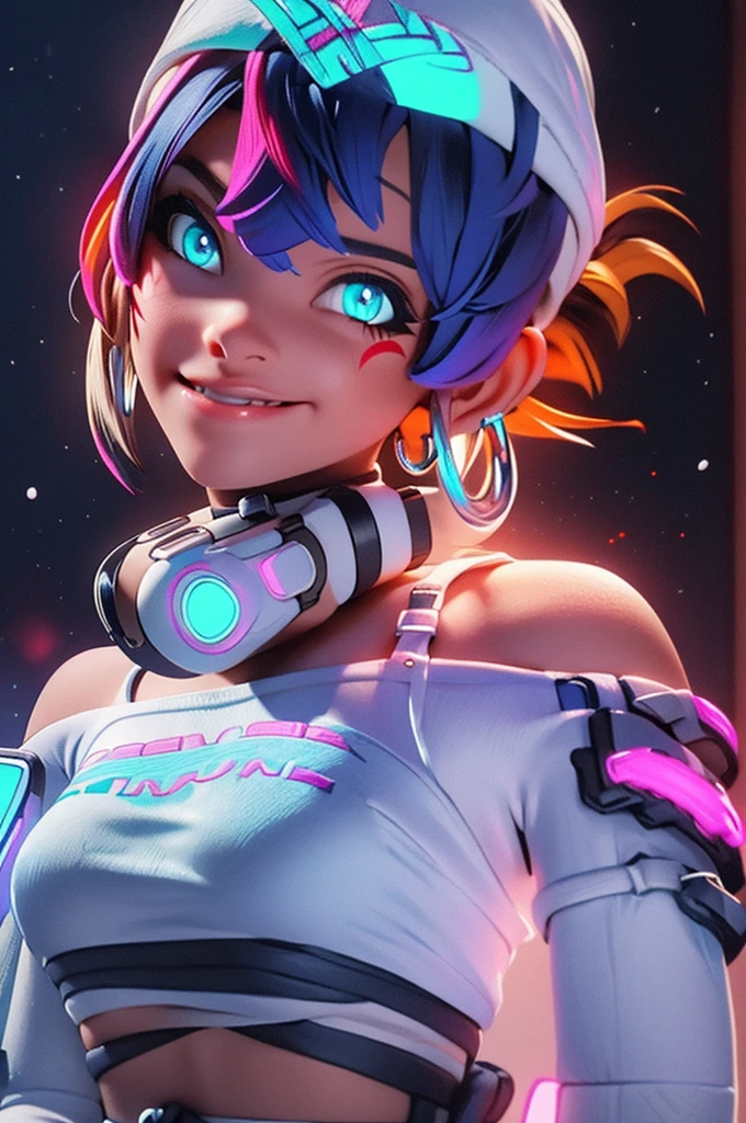 Perfect image, high detailed,  (((Glowing neon eyes))), ((masterpiece, best quality)), 1girl, solo, Kiriko LeSserafim, upper body, short hair, brown eyes, multicolored hair, blue hair, yellow highlights, bangs, pink headwear, hair between eyes, (white off-shoulder shirt:1.5), ((gloves:1.5)), pointing to her face, fingerless gloves, hoop earrings, (white shirt:1.5), headphones around neck, thighhigh, white gloves, lace-up boots, boots, gloves, jacket around waist, thighhighs, breasts, headphones, standing, jewelry, bracelet, midriff, white crop top, cross-laced footwear single kneehigh, smile, earrings, jewelry, hat, looking at viewer, makeup, facepaint, facial mark, detached sleeves, lips, indoors, japanese house, hands on her face, portrait,  