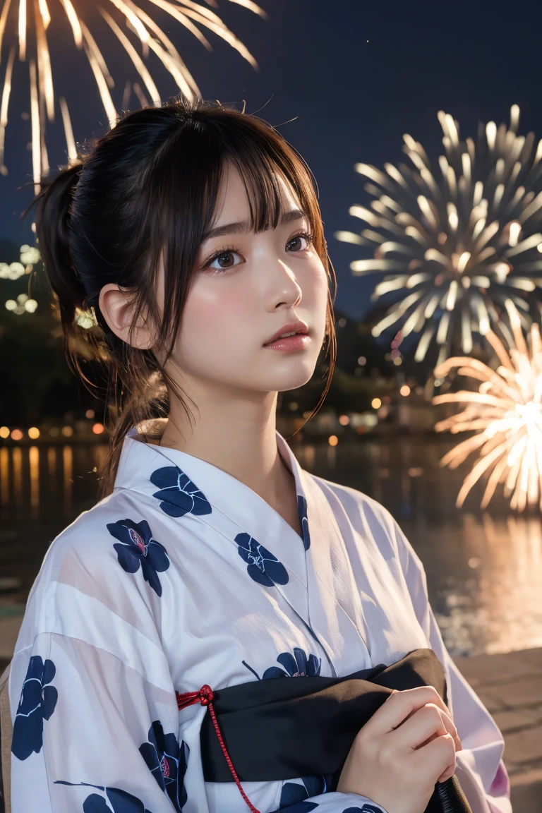 Highest quality, The finer details, (Beautiful One Woman))), Highly detailed eyes and face, firework, yukata, looking up at firework, ponytail, Large tear bags, double eyelid